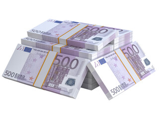 Stack of EU Euro paper currency. 3D Euro cash 500 banknotes. Pile of us currency isolated on background. Creative business european union economic finance making money or saving concept