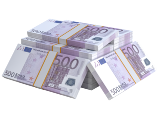 Stack of EU Euro paper currency. 3D Euro cash 500 banknotes. Pile of us currency isolated on background. Creative business european union economic finance making money or saving concept
