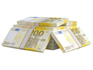 Stack of EU Euro paper currency. 3D Euro cash 200 banknotes. Pile of us currency isolated on...