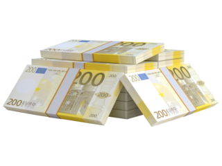 Stack of EU Euro paper currency. 3D Euro cash 200 banknotes. Pile of us currency isolated on background. Creative business european union economic finance making money or saving concept