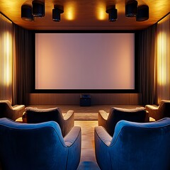 A luxury home cinema with plush seating, a large projector screen, and dim ambient lighting, featuring soft velvet chairs, warm lighting, and a clean, modern aesthetic