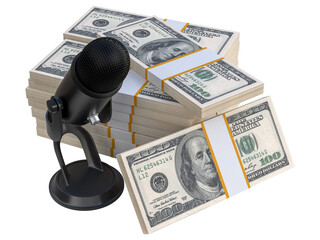 Stack of Dollars cash one hundred banknotes with podcast microphone 3D element. Creative financial podcast and advice for business making money concept ready to be used for blogging streaming online
