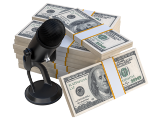 Stack of Dollars cash one hundred banknotes with podcast microphone 3D element. Creative financial podcast and advice for business making money concept ready to be used for blogging streaming online