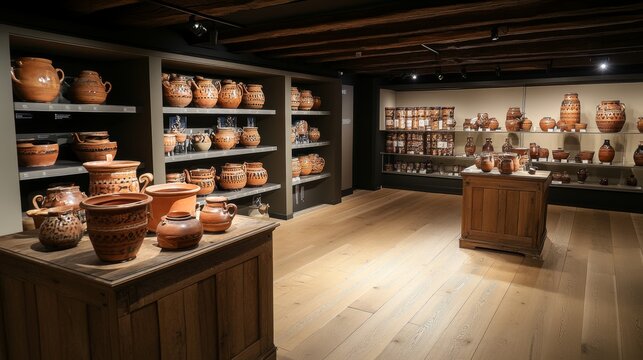 A display of traditional pottery showcased in a museum setting.