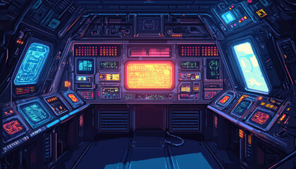 Obraz premium Interior of a futuristic spaceship in pixel art style