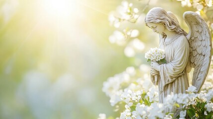 A serene angel statue at a cemetery, surrounded by white flowers, with a blurred green background and space for text on the side