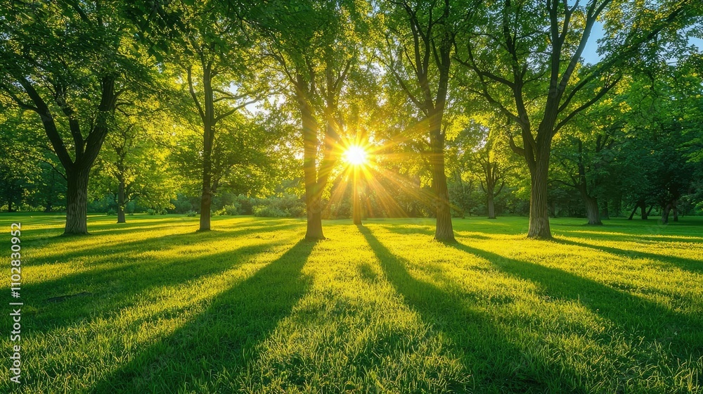 Poster Sunlight filtering through green trees in a lush park, creating beautiful shadows.