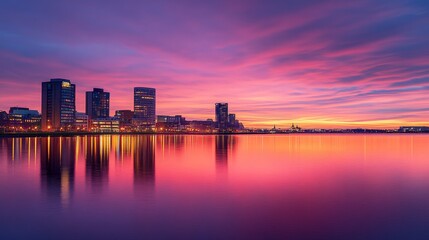 Fototapeta premium A vibrant sunset reflecting over a calm body of water with city skyline in the background.