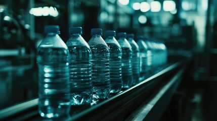 A side view of neatly aligned water bottles on a conveyor belt, with blurred industrial background