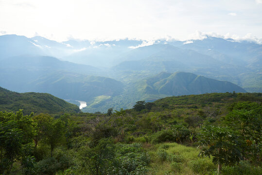 Colombian Andean landscape, mountains covered with lush, green vegetation. View from a lookout point in Guane, Santander.