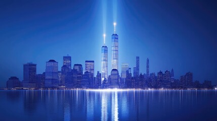 Fototapeta premium A sleek, vector-style illustration of the New York skyline at dusk, featuring simplified buildings and a glowing horizon