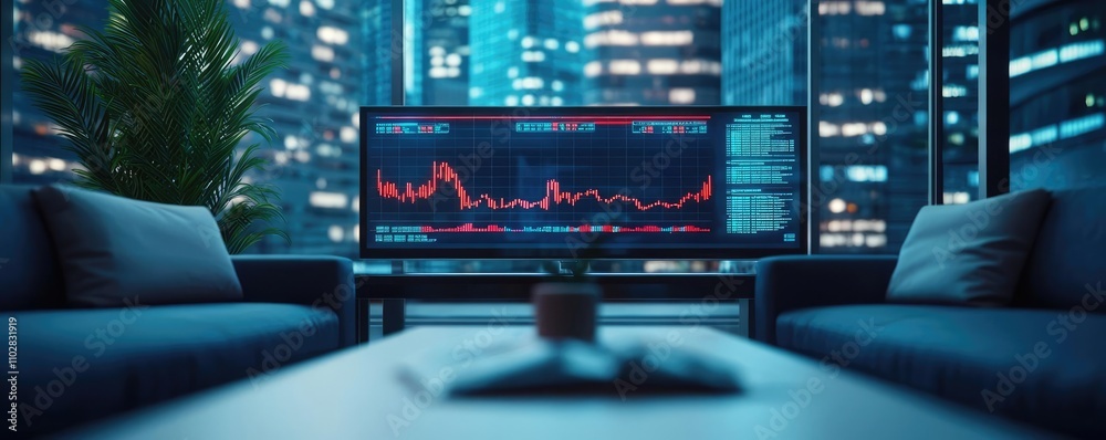 Poster modern workspace with financial data displayed on screen, night city view.