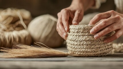 Weaver creating a basket with natural fibers, closeup of hand movements