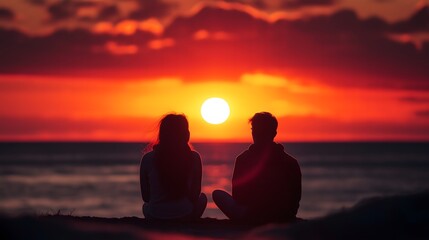 Silhouetted couple watching sunset over ocean.