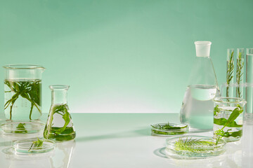 Laboratory table with sun shining on, many types of lab glassware. Erlenmeyer flask, test tube,...