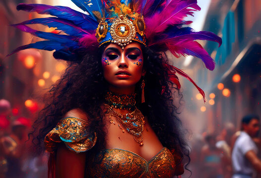 Vibrant Carnival Performer in Colorful Feathered Costume