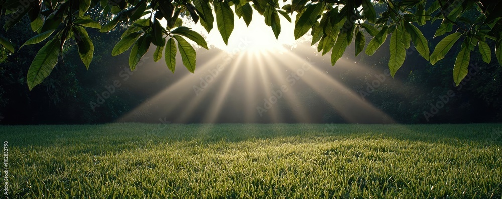 Poster sunlight filtering through trees onto a vibrant green field.