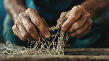 Artisan tying fishing nets by hand, showcasing precision and ageold skills