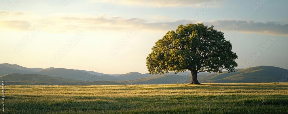 Poster lone tree in a serene landscape with gentle sunlight, rolling hills in the background.