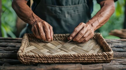 Basket maker weaving bamboo strips into a sturdy structure, traditional skills highlighted