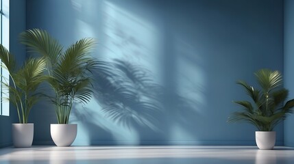 Fototapeta premium A serene interior space featuring potted plants against a blue wall, with soft light creating gentle shadows, ideal for relaxation or inspiration.