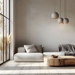Minimalist Living Room with Natural Light. Featuring a Cozy Beige Sofa, Wooden Coffee Table, Earthy Decor Elements, and Large Windows Overlooking a Serene Outdoor View.