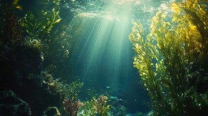 Obraz premium A vibrant kelp forest underwater, with sunlight streaming through, showcasing the vital role of marine plants in carbon sequestration