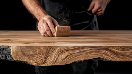 Carpenter sanding a wooden table, highlighting the handcrafted finishing process