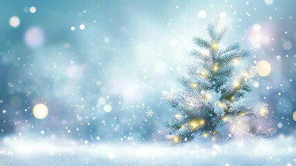 Blurred christmas background with glistening snow covered trees and glowing bokeh lights festive atmosphere winter wonderland
