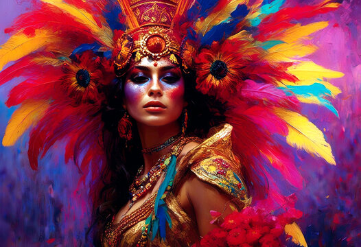Vibrant Carnival Costume with Feathered Headdress and Bold Face