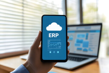 ERP software on a smartphone screen with a cloud interface displayed, emphasizing enterprise resource planning, data integration, and cloud-based solutions for businesses