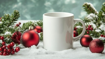 A white coffee mug mockup with space for text, surrounded by vibrant red ornaments and holiday greenery on a snowy surface