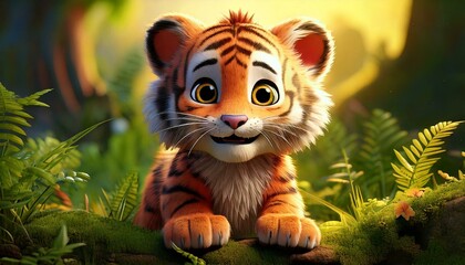 3D cartoon; baby tiger in the wild.