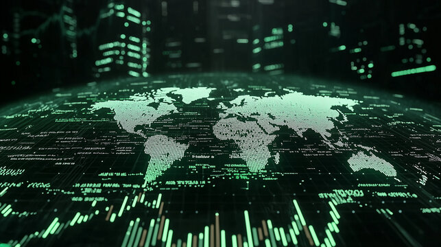 Global Network: A stylized depiction of the world map, enveloped in a vibrant green digital landscape, symbolizes interconnectedness, data flow, and global reach.