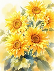 Obraz premium Cheerful sunflowers with golden petals in watercolor style pattern, watercolor, flower, yellow, garden