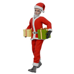 Santa Claus Cartoon Art.  A Santa Claus man walks with both hands holding gifts, happy expression. Artistic 3D Illustration