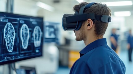 A person wearing a VR headset observes 3D brain scans on a screen, showcasing modern technology in a scientific or medical environment.