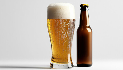 Beer glass with condensation and beer bottle beside it