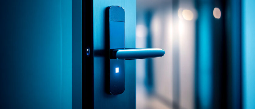 A sleek, modern door handle with a digital lock, illuminated in blue tones, suggesting a high-tech entrance.