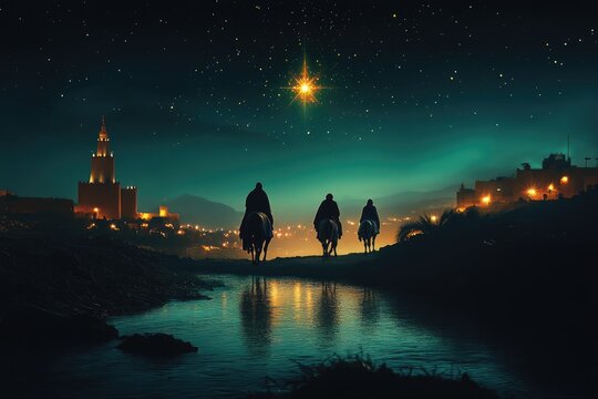 Royal visit: the three wise men journeying to honor the newborn king, showcasing their gifts and deep reverence, symbolizing wisdom, faith, and the significance of their pilgrimage.