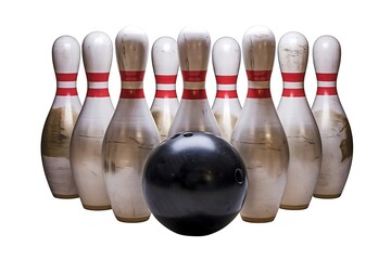Naklejka premium Skittles and bowling ball, blurred background .Black ball on the background of skittles. Game club, bowling set.