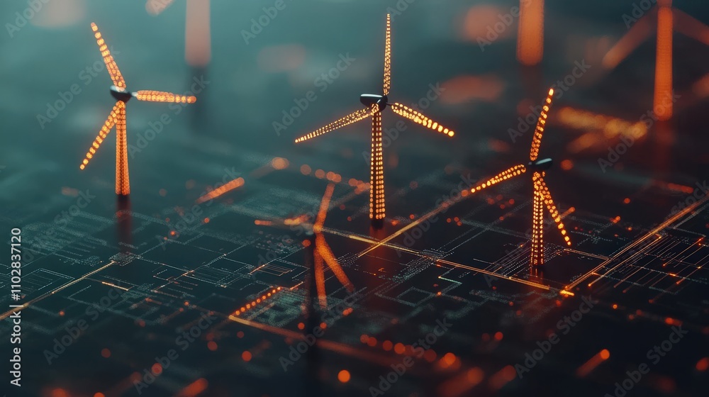 Aufkleber digital representation of wind turbines over a futuristic circuit board background showcasing renewa