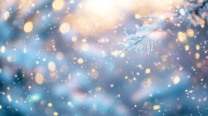 Fototapeta premium Blurred christmas background with glistening snow covered trees and glowing bokeh lights festive atmosphere winter wonderland 