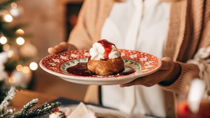Papanasi are delightful Romanian desserts, featuring a fried pastry topped with creamy whipped cream and rich berry sauce, perfect for festive gatherings and celebrations