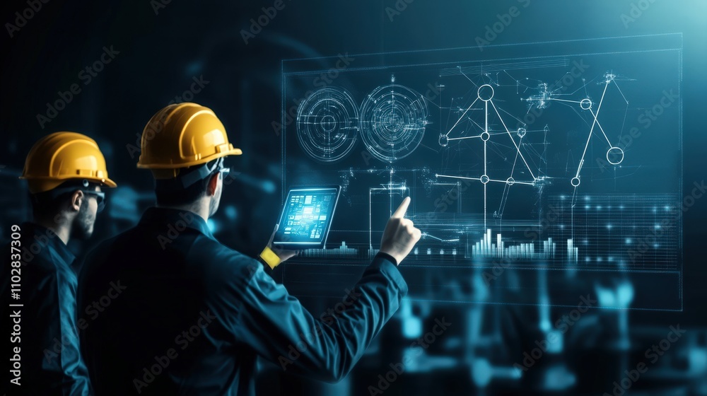 Poster Engineers Collaborating with Digital Technology in a Modern Factory Environment, Analyzing Data and Performance Metrics on Transparent Screens with Graphs and Diagrams