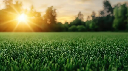 Lush green grass with a glowing sunset in the background, nature's beauty captured.