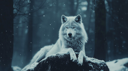 Obraz premium Arctic Majesty: A majestic Arctic wolf rests on a snow-covered rock, amidst a serene winter forest. The falling snow adds to the enchanting atmosphere. 