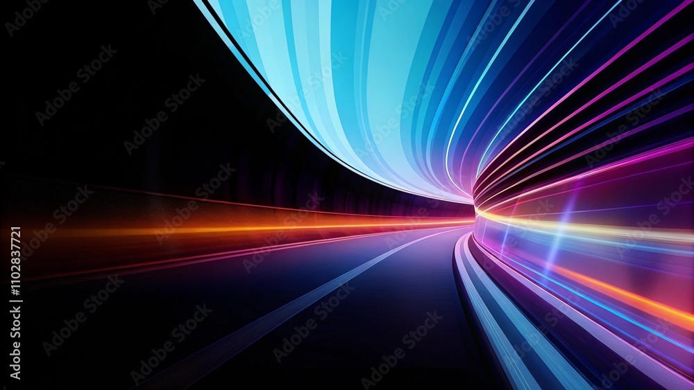 Poster Abstract neon digital lines in dark space, glowing multicolored energy motion on a black background. Cyberspace with fast light trails. Glowing colored curve lines on a black background