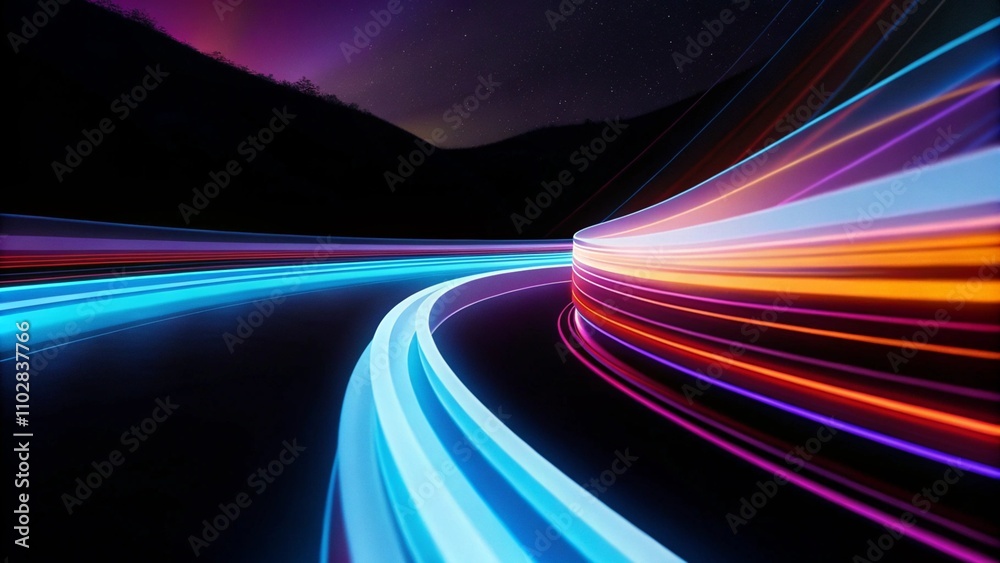 Poster abstract neon digital lines in dark space, glowing multicolored energy motion on a black background.