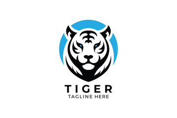Bold Tiger Head Logo with Blue Circle Accent in Modern Black and White Design